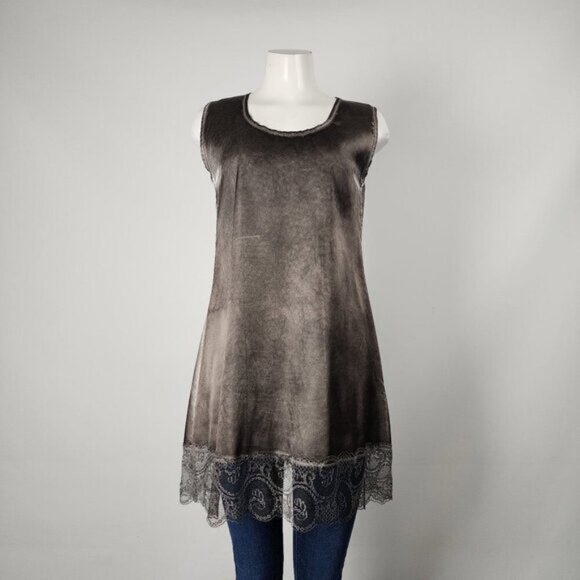Poools Grey Satin Lace Bottom Sleeveless Tunic Top Size L - Picture 1 of 6